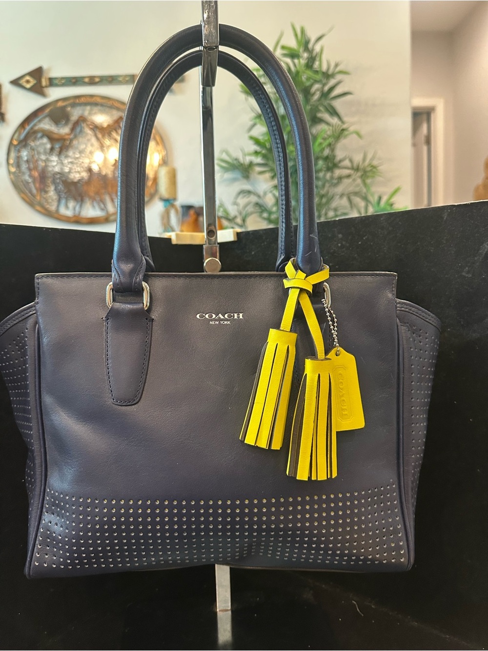 Coach#348 Legacy  Candance Perforated Navy Leather Satchel with Yellow Tassel